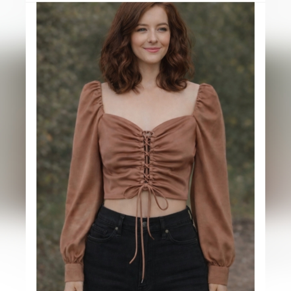 MABLE Dusty Rose Ruched Lace-Up Puff Sleeve Crop Top – Size Small